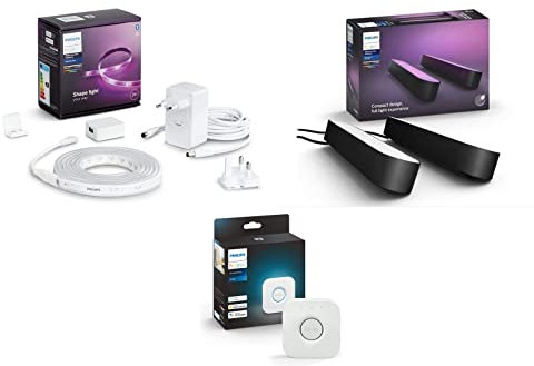 Philips Hue Bridge, Pont de connexion,White & Color Ambiance Indoor LightStrips+ 2m base connectique, compatible Bluetooth & Play Pack White & Color Ambiance, Noir, Pack de 2
