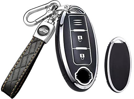 HIBEYO Coque de Protection Intelligente pour clé de Voiture Nissan - en TPU - pour Nissan Micra March Murano - Marche - Leaf Cube Qashqai - Porte-clés en Cuir - Noir