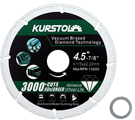 KURSTOL Diamant Metalltrennscheibe - Durchmesser 115mm Vakuumlöt Trennscheibe mit einer Reduzierscheibe 22.23-16mm Diamantscheibe für Rebar Winkel Eisen Blech Edelstahl schneiden
