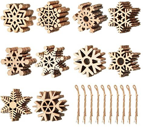 Wooden Snowflake, 50pcs Unfinished Wooden Ornaments Snowflake Cutouts Hollowed Snowflakes Christmas Tree Hanging Ornaments Christmas Decoration DIY Crafts Decor with Strings…