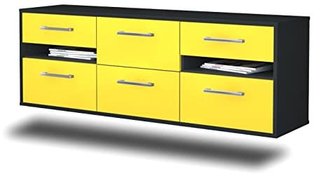Lqliving TV-Board Lowboard Sacramento, Wandmontiert, Korpus in anthrazit matt, Front im trendigem Gelb (136x47x35cm), mit Metall Griffen, Made in Germany