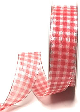 s.dekoda Schleifenband 20m x 25mm Rot - Weiß Organza Karoband kariert Vichykaro Dekoband mit Draht [9103]
