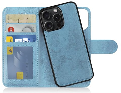 MyGadget Flip Case für iPhone 15 Pro Max - [ abnehmbare Magnet Hülle ] - Handyhülle aus Kunstleder - [ Klapphülle mit Kartenfach ] Schutzhülle in Hellblau