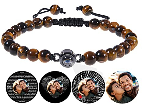 Certykllp Personalisierte Tigerauge Perlen Foto Projektion Armband für Frauen Männer benutzerdefinierte Armbänder mit Bild im Inneren personalisierte Geschenke für Papa Ehemann Boyfriend