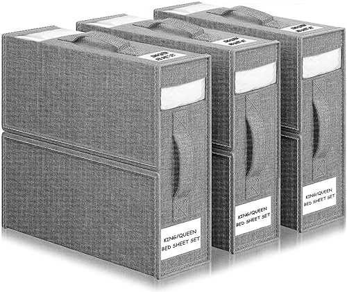 WANGIRL 3 Pack Bed Sheet Organiser Folding Storage, Linen Bedding Organiser Box with Zip for Sheets, Duvet Covers, Clothes, Towels and Blankets (Grey)