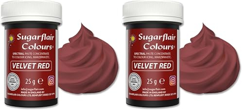 Sugarflair Lebensmittelfarbpaste Velvet Red, Konzentrierte Spectral Lebensmittelfarbe für Buttercreme, Zuckerpaste, Zuckerguss, Kuchenmischungen, Macarons und mehr! - 25g (Packung mit 2)