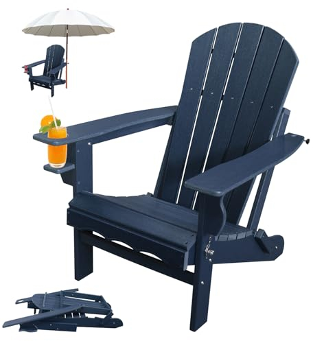 Adirondack Klappstuhl, HDPE-Kunststoff, Adirondack-Stuhl mit Getränkehalter, wetterfest, Holzstruktur, Feuerstelle, Stühle für Terrasse, Garten, Pool und Deck, Schirmloch, Dunkelblau