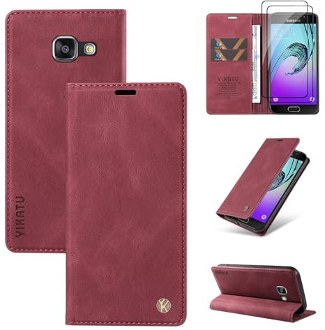Beajew kompatibel mit Samsung Galaxy A3 2017 Hülle [Mit 2 Stück Panzer Schutz Glas] Premium Leder Stoßfest Schutzhülle Kartenfach Klapphülle Handyhülle für Samsung Galaxy A3 2017, Weinrot