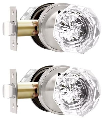 NIZADO 2 Pcs Crystal Privacy Door Knobs Interior, Satin Nickel Glass Door Knobs with Lock, Diamond Door Knobs for Bedroom Bathroom
