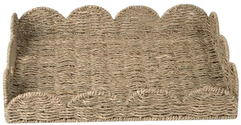 Kaffeetablett Rattantablett 19,7 x 14,6 x 3,9 Zoll aus Gras gewebtes Serviertablett mit gewelltem Rand und integriertem Griff rustikales dekoratives rechteckiges Aufbewahrungstablett