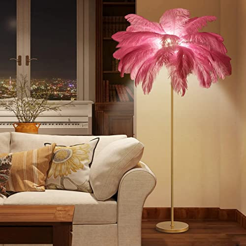 Natürliche Straußenfeder Lampe, Feder Stehlampe LED für Wohnzimmer, Stehlampe Federn Lampe 3 Farben mit Fußschalter, Strauß Federlampe für Schlafzimmer Standleuchte Dekoration (160cm,Pink)