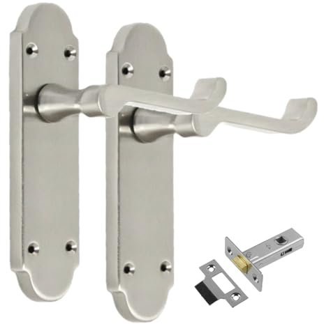 Satin Nickel Scroll Door Handle Set with Tubular Latches - Victorian Style Internal & External Lever Door Handles with Backplate 170mm x 42mm (1 Pair of Latch Handles + Tubular Latch)