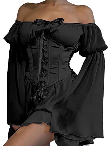 XKBHYD Ladies Two Piece Sets Corset Dress Off Shoulder Bell Sleeve Chiffon Dresses Womens Lace-Up Mini Bustier Party Dress Black