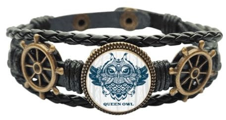 Lederarmband mit Eulen-Motiv, Art-Deco-Design, geflochten, M, Metall