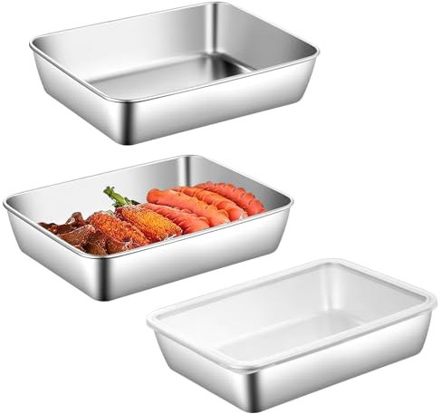 HENGBIRD Bandeja para horno, juego de 3 piezas, con tapa, cuenco de acero inoxidable, rectangular, cuenco para empanar, 25 × 19 × 5 cm, bandeja grande, apta para lavavajillas
