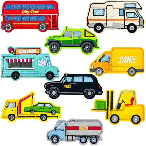 Lesonwo 9 PCS Car Vehicle Patches - Taxi Double-Decker Bus Iron on Sew on Patch Kit - Embroidered Appliques Patches for Bags Jeans Jackets Hats