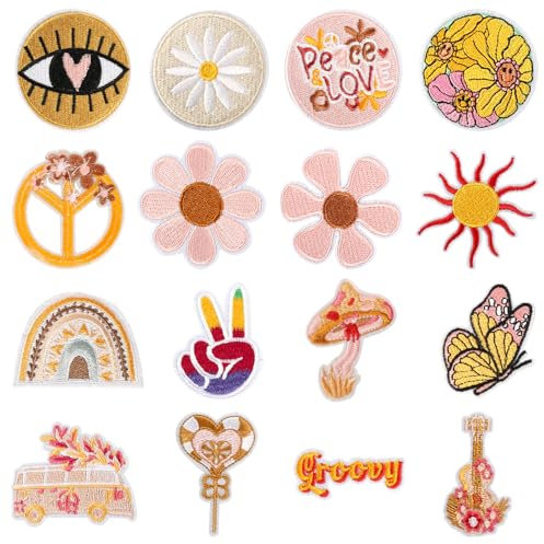 Bügelflicken 16 Stück Flicken Bügeln Hippie Aufbügel Patches Bestickte Aufnäher Patches zum Aufbügeln für Aufnähen von Kleidung Rucksack Jacken Jeans Hemd (Style-A)