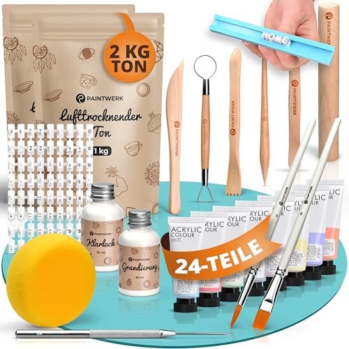 PAINTWERK® XXL Töpferset für Zuhause [inkl. 2kg Ton] - 24-teiliges DIY Set zum Töpfern für Erwachsene inkl. Werkzeug-Kit, Farben & Stempel - lufttrocknend, ohne Brennen