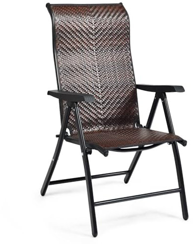 COSTWAY Set of 1/2 Patio Rattan Folding Chair, 5-Position Adjustable Outdoor Wicker Dining Seat with Widened Armrest,High Backrest and Anti-slip Pads for Garden Picnic Camping (1)