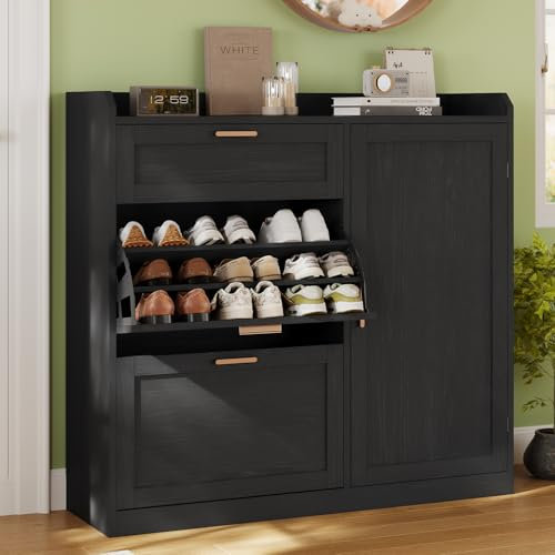 KIMENICH Schuhschrank mit 2 Klappen, Schuhkipper Schmal, Schuhschrank mit 1 Schublade, Schrank, Trennwand Verstellbar, für 12-15 Paar Schuhe, Flur, Eingansbereich, 30 x 100 x 104 cm, Schwarz