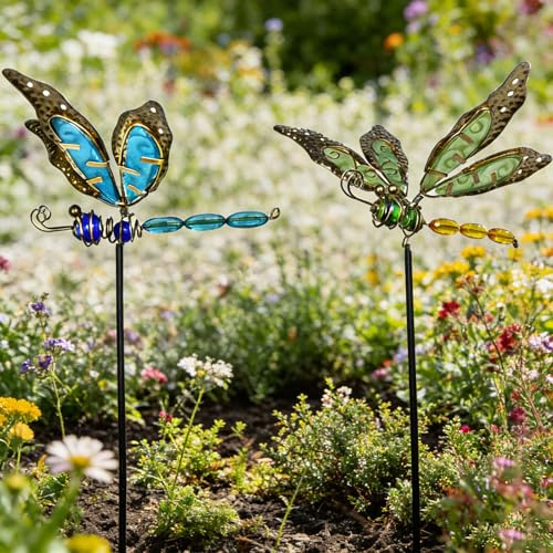 Libellen-Gartenstecker, Kunststoff, Metall, lebendige Gartendekoration, Libellen-Metallkunstpfähle, Blau und Grün, 75 x 19 cm, 2 Stück