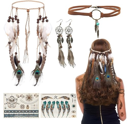 5 Pcs Indianer Kopf Schmuck Set,Indianer Kostüm Damen Feder Haarschmuck Feder Ohrringe Lederhalskette Gesicht Indian Tattoo,Boho Stammes-Schmuck für Frauen Karneval Cosplay Tribal Kostüm Party