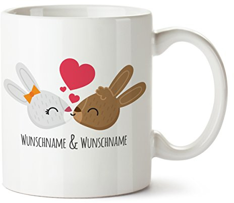 Partycards Tasse Personalisiert, Weiß 330 ML, 2 Namen Möglich, Beidseitig Bedruckt, Spülmaschinengeeignet - Ideal als Tasse zu Ostern oder Tasse für Lieblingsmensch, Küssende Hasen