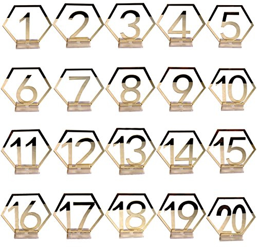 Amosfun 1-20 Hochzeit Tischnummern Acryl Spiegel Silber Zahlen platzhalter Tischständer Karten Nummernschild Dekore für Hochzeit Geburtstag (Golden)