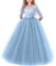 IWEMEK Flower Girls 3/4 Sleeve Floral Lace Tulle First Communion Pageant Dresses Kids Big Girls Princess Birthday Carnival Christmas Bridesmaid Wedding Party Prom Ball Gown Blue 11-12 Years