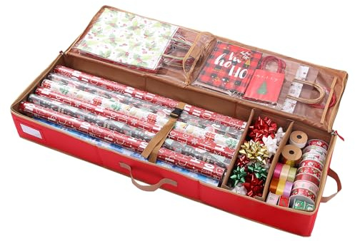 Sattiyrch Geschenkpapier-Aufbewahrungsbehälter, 600D Oxford-Stoff, Weihnachtsband, Geschenktüte, Schleifen, Aufbewahrungsbox, für bis zu 20 Rollen, 42 B x 14 T x 5 H (rot)
