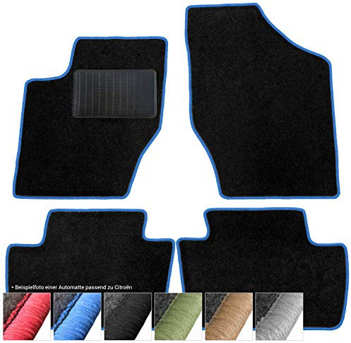 moto-MOLTICO Fußmatten Auto - Velours Autoteppiche passend für Citroen C2 (2003-2009) - 4-teiliges Set - Schwarze Automatten mit Blauen Ziernähten