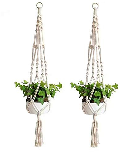 Pflanzenaufhänger Kraeoke Makramee Blumenampel Weiß Baumwollseil Pflanzenhalter Blumenampel 105cm, 2er Set Kann sowohl drinnen als auch draußen verwendet Werden