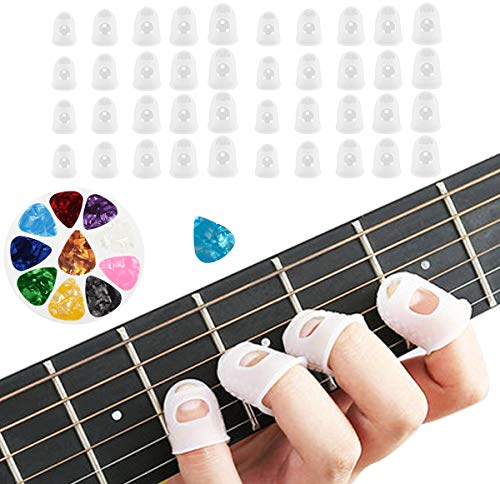 40 Pcs Guitar Fingertip Protectors, Silicone Guitar Finger Guards, Guitar Fingertip Protection, Covers Caps for Stringed Instruments Like Guitar, Ukulele, Bass, Sewing and Embroidery (5 Sizes)