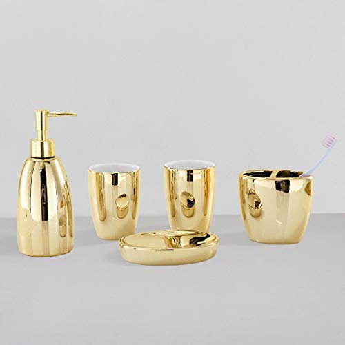 Savon Liquide Bouteille de Bain Luxe 5 Salle d'eau Jeu d'accessoires Céramique Crafted Set Comprend Soap & Lotion Dispenser Brosse à dents Porte-savon rince-bouche Coupe Canister (Gold) Distributeur d