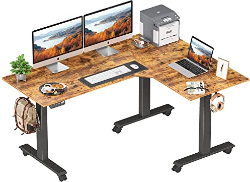 FEZIBO Corner Standing Desk with Triple Motor, 160 * 120cm Electric Height Adjustable Stand up L-Shaped Desk, Sit Stand Workstation with Splice Board, Black Frame/Rustic Brown Top, Only Right