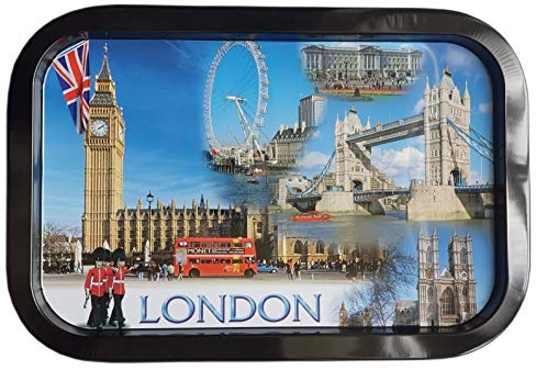 London Photo Collage Large Serving Tray - Blue Sky/Big Ben/Tower Bridge/Westminster Abbey/Red Double-Decker Bus/Royal Guard/Buckingham Palace/Union Jack/British Souvenir England UK