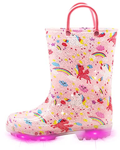 EUXTERPA Stivali da pioggia per bambini, con glitter, lampeggianti, impermeabili, abbaglianti su ogni gradino, taglia 4-2, Unicorno rosa, 33 EU