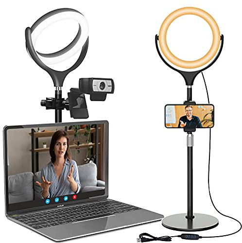 Ringlicht Laptop Videokonferenz Licht, LED Ringleuchte mit Stativ und Handyhalter für Handy & Webcam, 8 Lichtring Selfie Ring Light für Live, Vlog, YouTube, TikTok, Make-up, Fotografi Schwarz