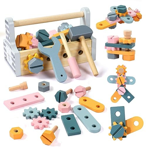 Petfu Caja de Herramientas de Madera Educativa para Niños de 2 3 4 Años Juguetes Montessori para Bricolaje Construcción y Manualidades Regalo Ideal para Cumpleaños de Niños y Niñas