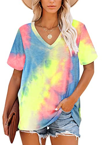 MOLERANI t-Shirts pour Femmes à Manches Courtes col en V été Hauts décontracté Ample t-Shirt Teint Rose Jaune Taille XXL