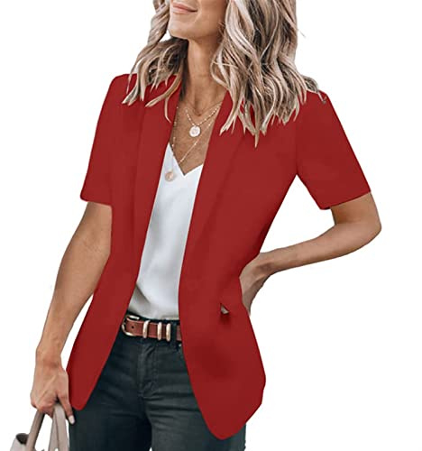 Sawmew Kurzärmliger, Leichter Büro-Anzugsjacken-Blazer für Damen, Vorne Offener Arbeitsanzug mit Einem Knopf (Color : Red, Size : XL)