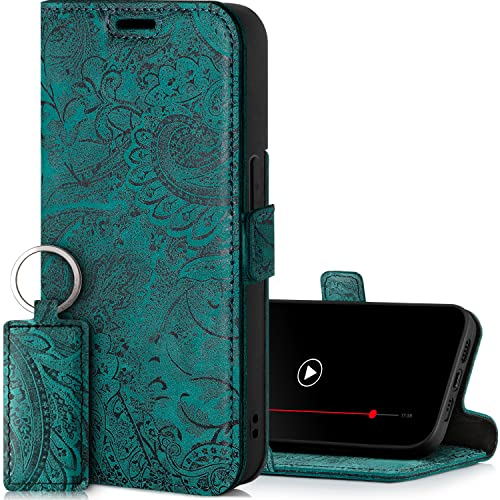 SURAZO Premium 2.0 Handyhülle für Apple iPhone 14 Pro Max Hülle Leder – Klappbare Echtleder Schutzhülle [Magnet, Kartenfach, RFID Schutz, Blumenmuster] Klapphülle Wallet Case Cover Lederhülle (Türkis)