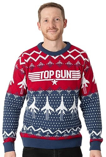 Top Gun Adults Christmas Jumper | Mens Ladies Fighter Jet Plane Movie Logo Festive Navy Red Knitted Sweater | Xmas Gifts for Him Her