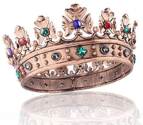 Barock Royal Crown Herren Metall Prinz Haarkrone Vollkreis Geburtstag Party Haarschmuck für Cosplay Abschlussball Festzug Quinceanera (Große Größe 18,5 cm Durchmesser, Bronze mit buntem Stein)
