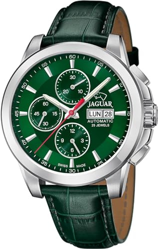 JAGUAR Swiss Made Uhr Automatik Herren aus Leder Grün | Analog, Kalender, Widerstandsfähiges Saphirglas, Wasserdicht 10 ATM J975/5, Grünes Zifferblatt, Schnallenverschluss
