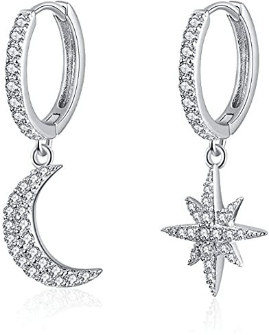 Womens Moon Star Dangle Small Hoop Cubic Zirconia Earrings Girls Sterling Silver Crystal Asymmetrical Snowflake Crescent Drop Mini Cartilage Clip Jewelry Delicate Birthday Gifts (1# Silver)