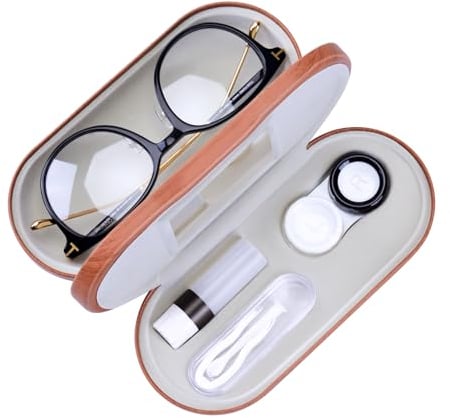 Muf 2 in 1 Contact Lens Case and Glasses Case,Double Sided Dual Use Design,Leak Proof & Portable,Tweezer and Contact Lens Solution Bottle Included for Travel Kit(Walnut Wood)
