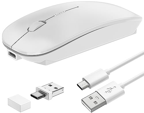 Azmall Mouse Bluetooth - Mouse Wireless Ricaricabile, Ultra Sottile 2.4G Mice Silenzioso DPI Regolabile per Laptop/iPad/MacBook/PC/Mac Forniture per Ufficio Domestico - Bianca