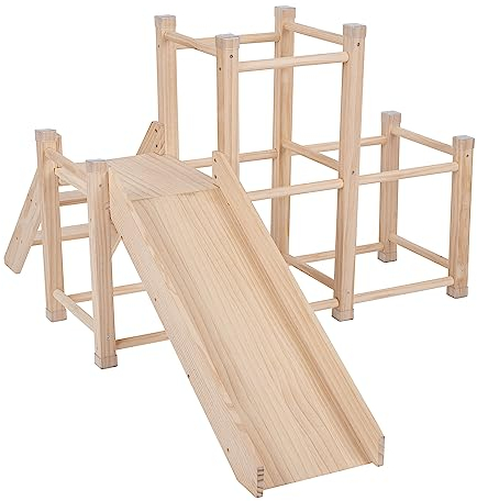 KiddyMoon Aire De Jeux avec Toboggan en Bois pour Enfants Jouet Montessori Rampe Cadre d'escalade pour Bébés en Bas Âge Ensemble D'activités, Naturelle