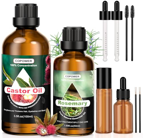 COPOWER Rosmarinöl Haare, Rizinusöl, 2PCS Haaröl 150ml, 100% Rein Natürlich Ätherisches Öle, Veganic Hair Growth Oil für das Haut Haare Nägel Bart, Wachstum von Augenbrauen und Wimpern, mit 2 Pipette